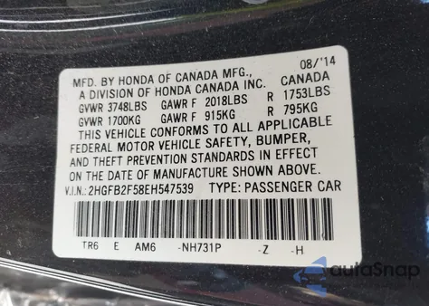 2014 Honda Civic Lx from USA, damaged, VIN 2HGFB2F58EH547539
